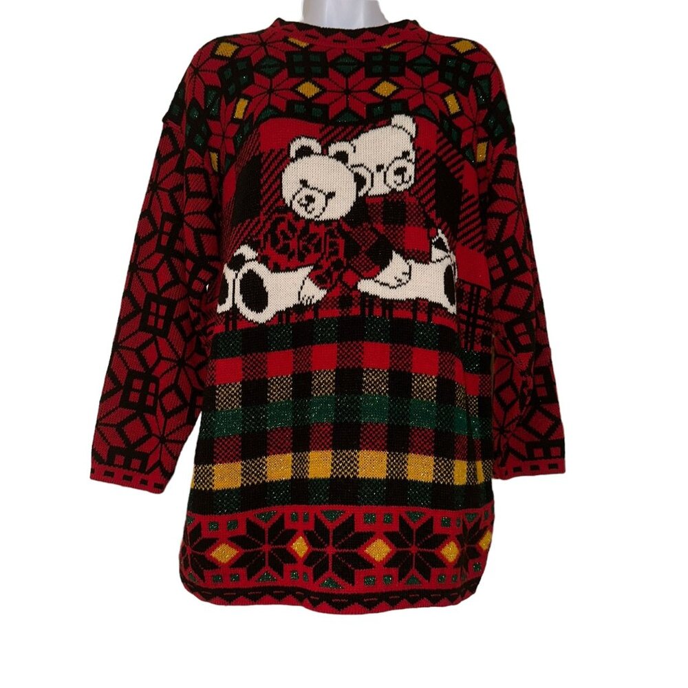 Vtg JJ Browne Christmas Sweater Womens L PulloverTeddy Bears Ugly Cute Holiday